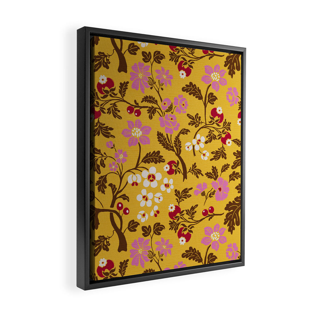 Chinoiserie Hand Drawn Florals On Yellow Framed Canvas Print Gallery Image 2