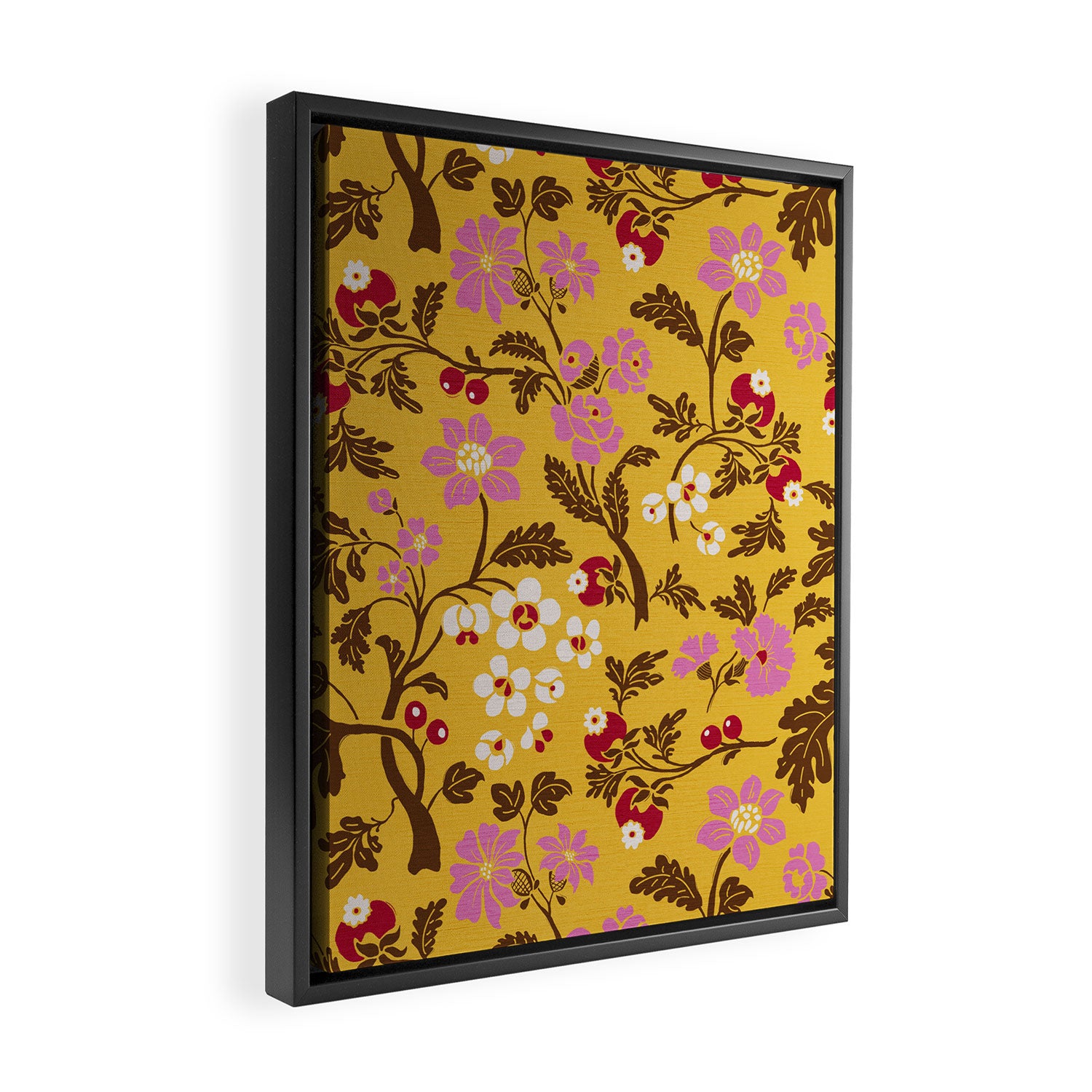 Chinoiserie Hand Drawn Florals On Yellow Framed Canvas Print Gallery Image 2