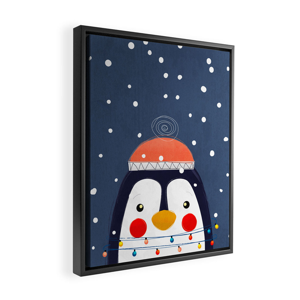 Christmas Penguin with fairy lights no2 Framed Canvas Print Gallery Image 2