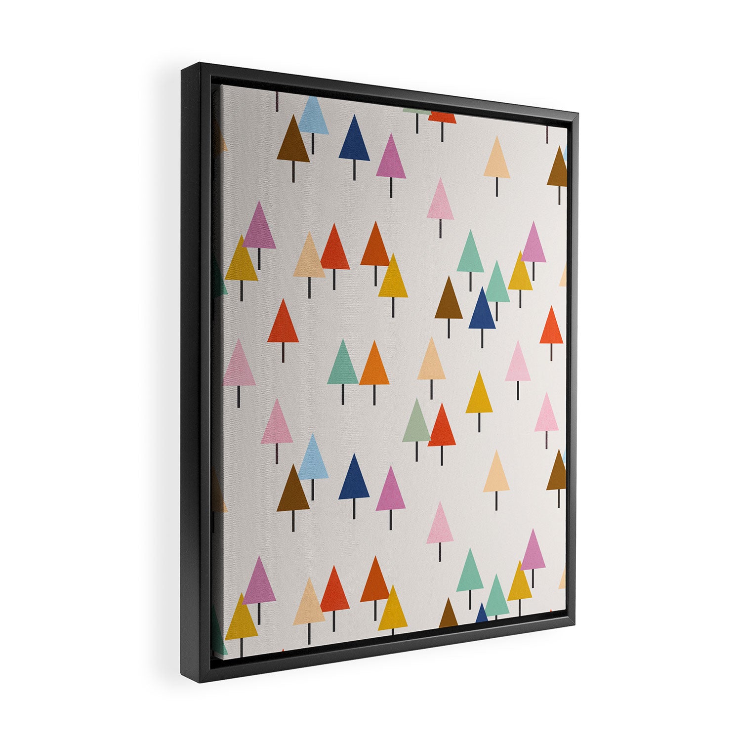 Pastel Triangle Trees: Cozy Winter Vibes with Modern Charm Framed Canvas Print Gallery Image 2