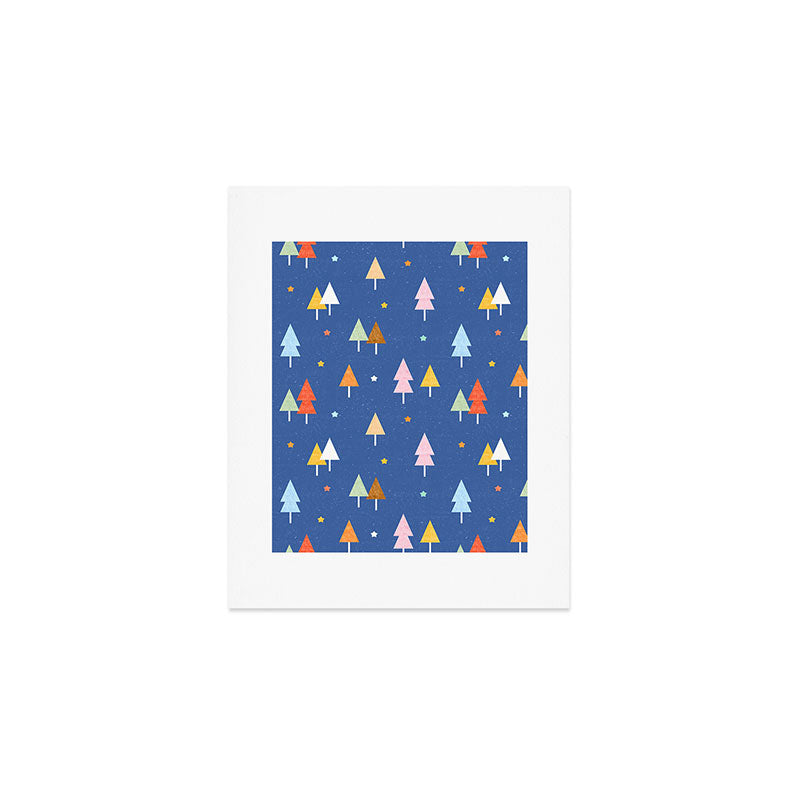 Colorful Scandinavian Christmas Trees on Blue Art Print Gallery Image 1