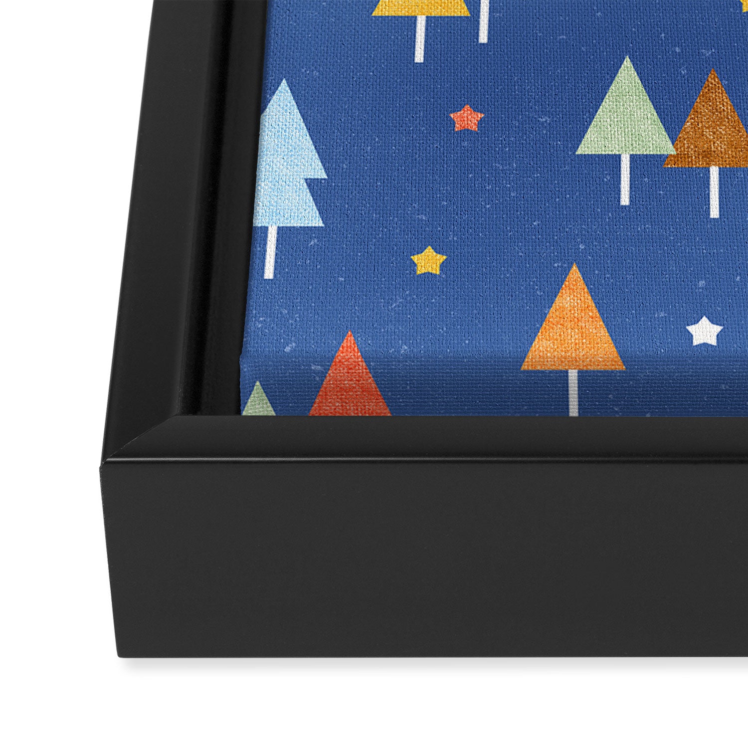 Colorful Scandinavian Christmas Trees on Blue Framed Canvas Print Gallery Image 3