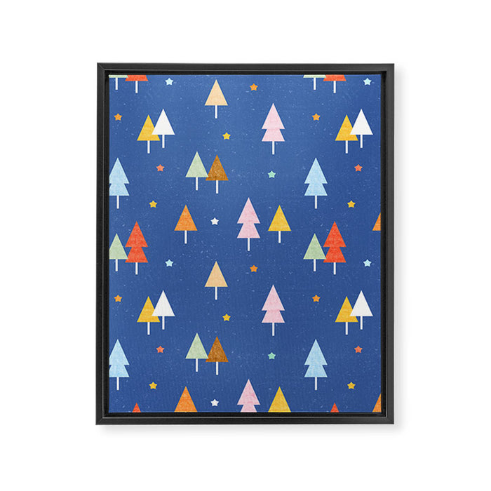Colorful Scandinavian Christmas Trees on Blue Framed Canvas Print Gallery Image 1