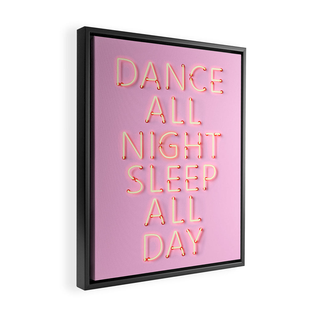 DANCE ALL NIGHT - pink neon typography Framed Canvas Print Gallery Image 2