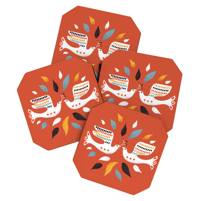 Festive doves - folk illustration Coaster Gallery Image 1