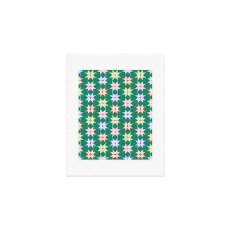 Festive Geometric Star Pattern on Green Art Print Gallery Image 1