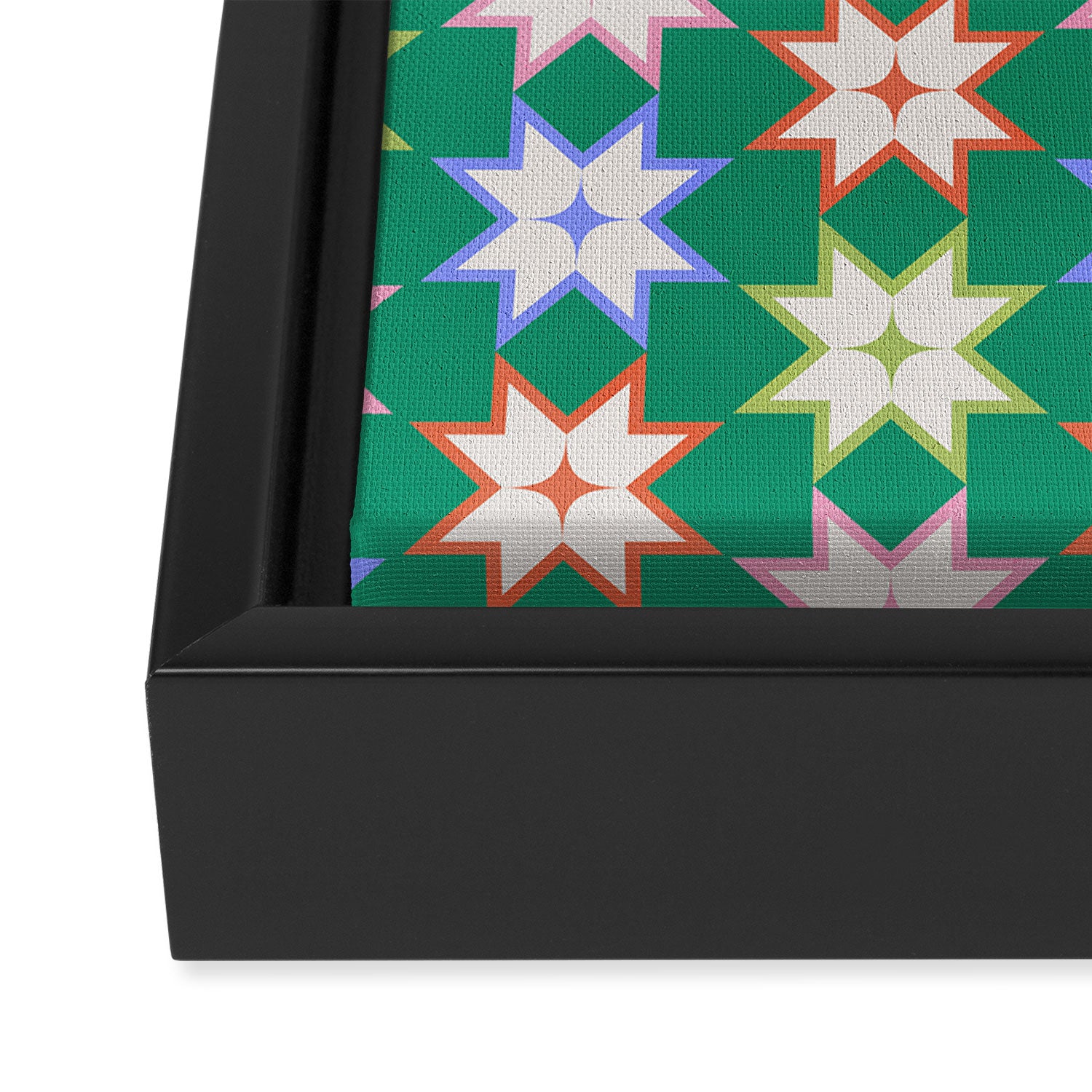 Festive Geometric Star Pattern on Green Framed Canvas Print Gallery Image 3