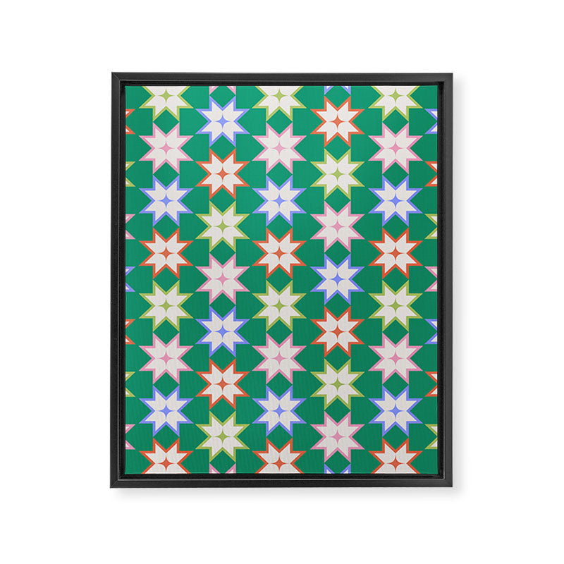 Festive Geometric Star Pattern on Green Framed Canvas Print Gallery Image 8