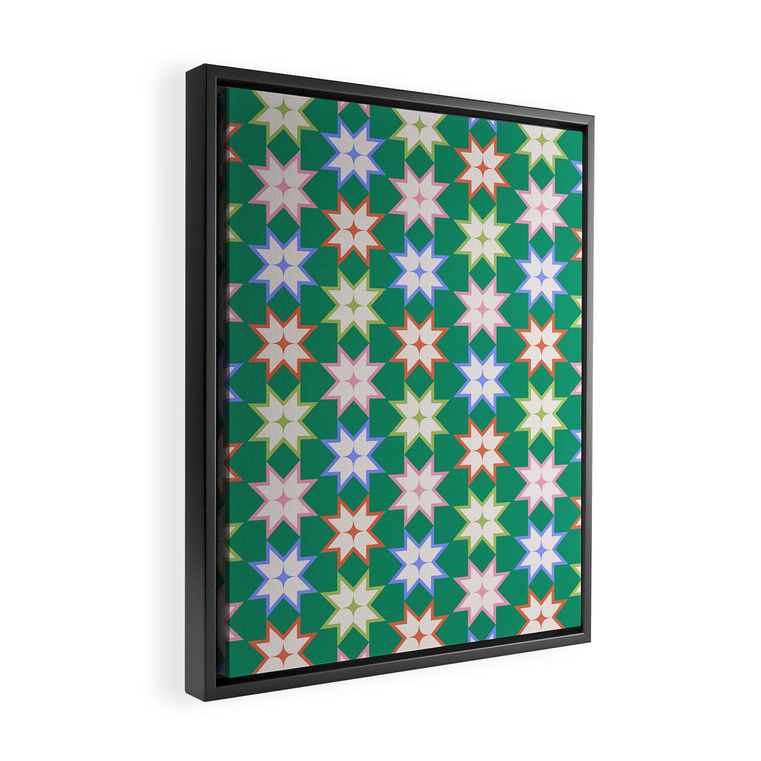 Festive Geometric Star Pattern on Green Framed Canvas Print Gallery Image 2