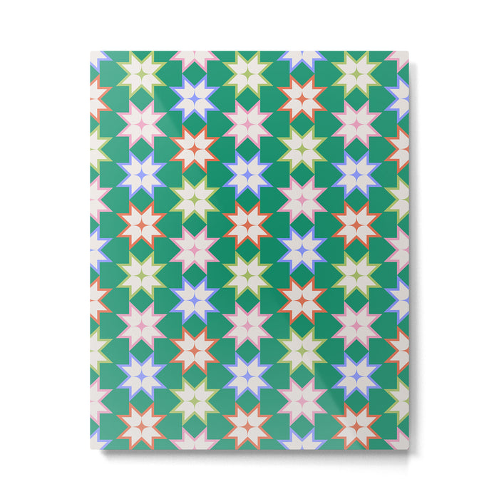 Festive Geometric Star Pattern on Green Metal Print Gallery Image 1