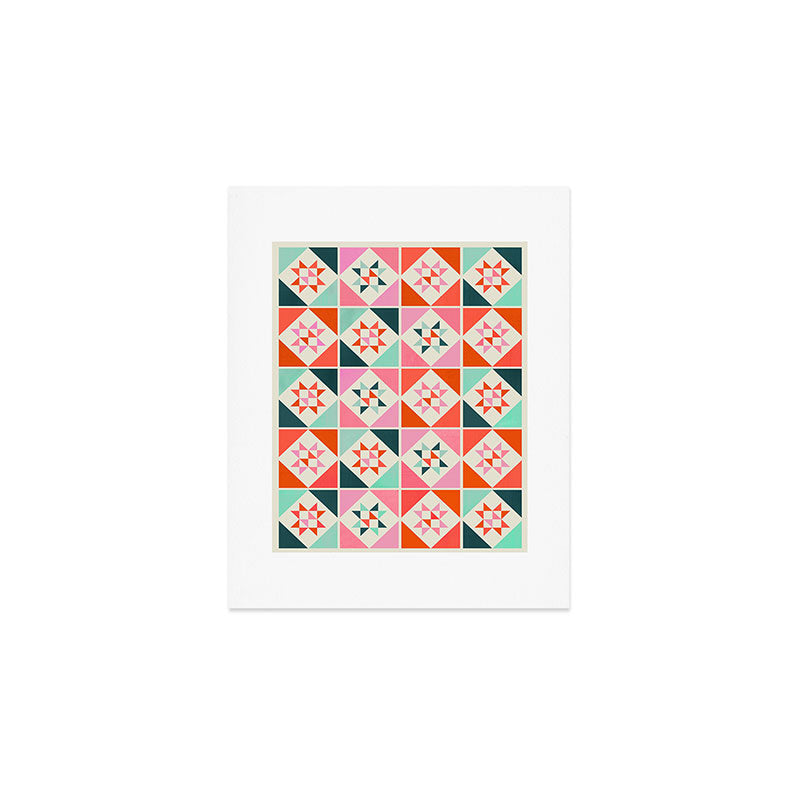 Festive Quilt Pattern in Pink, Red And Green Art Print Gallery Image 1