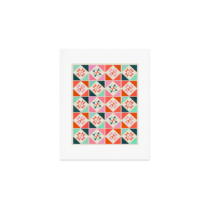 Festive Quilt Pattern in Pink, Red And Green Art Print Gallery Image 1