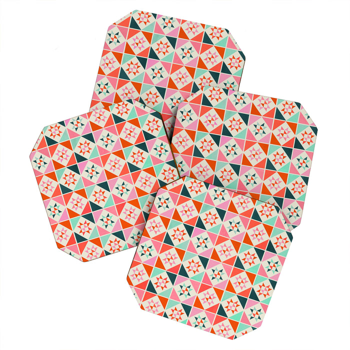Festive Quilt Pattern in Pink, Red And Green Coaster Gallery Image 1