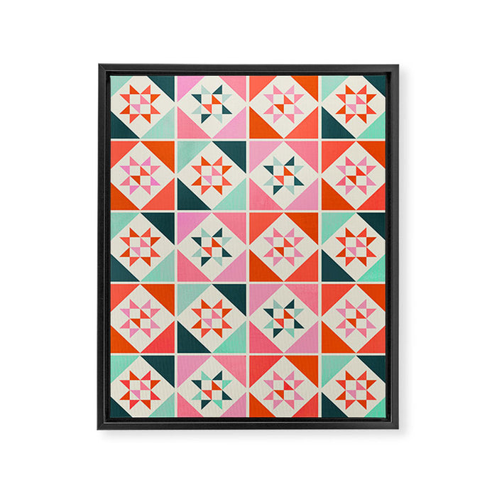 Festive Quilt Pattern in Pink, Red And Green Framed Canvas Print Gallery Image 1