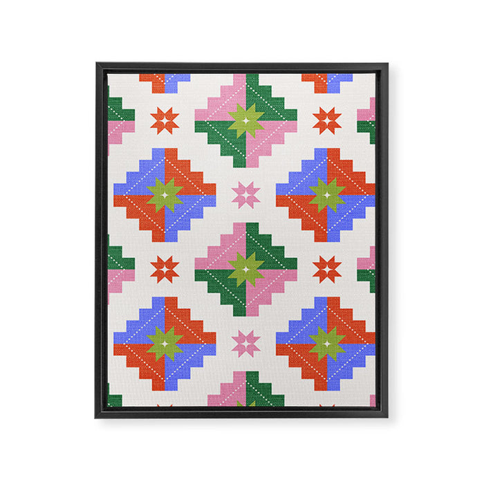 Festive Quilted Starburst Pattern - Vibrant Holiday Design Framed Canvas Print Gallery Image 1