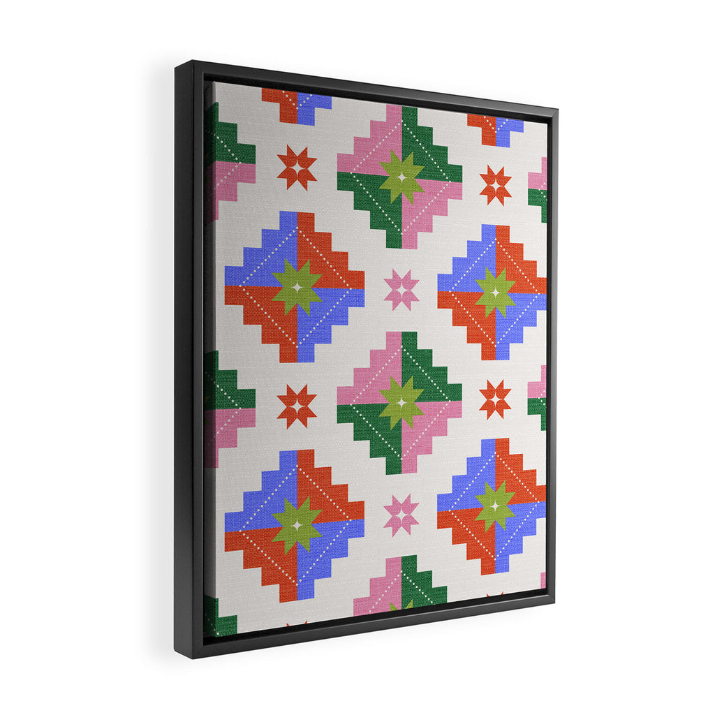 Festive Quilted Starburst Pattern - Vibrant Holiday Design Framed Canvas Print Gallery Image 2