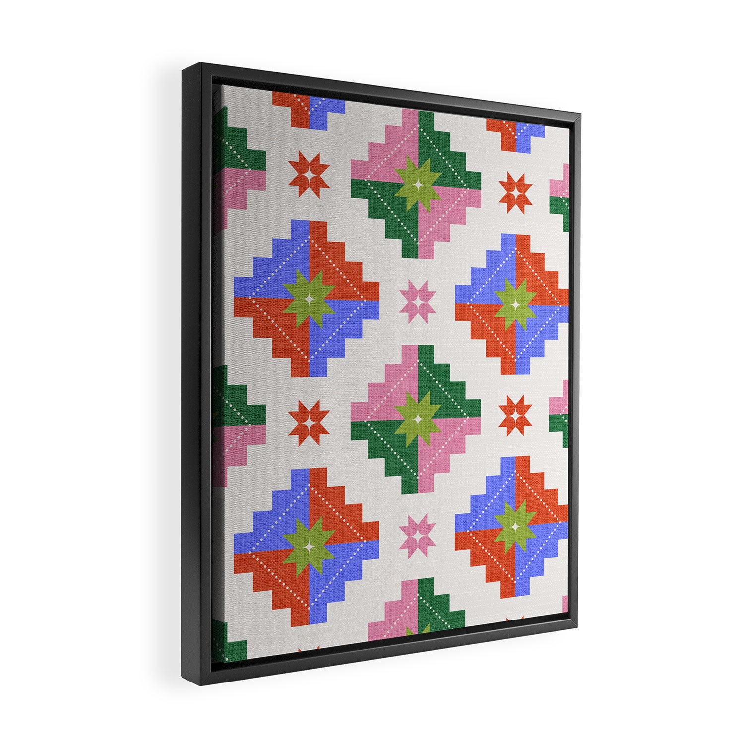 Festive Quilted Starburst Pattern - Vibrant Holiday Design Framed Canvas Print Gallery Image 2