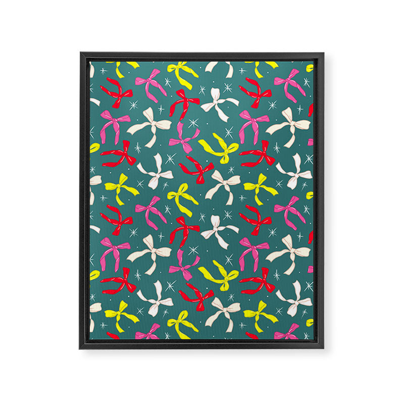 Festive Ribbons Pattern On Teal Framed Canvas Print Gallery Image 6