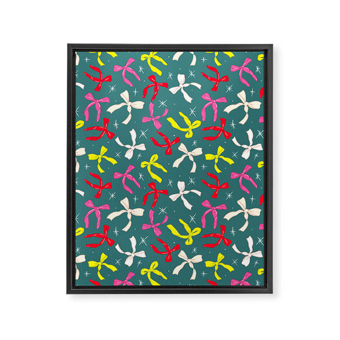 Festive Ribbons Pattern On Teal Framed Canvas Print Gallery Image 1