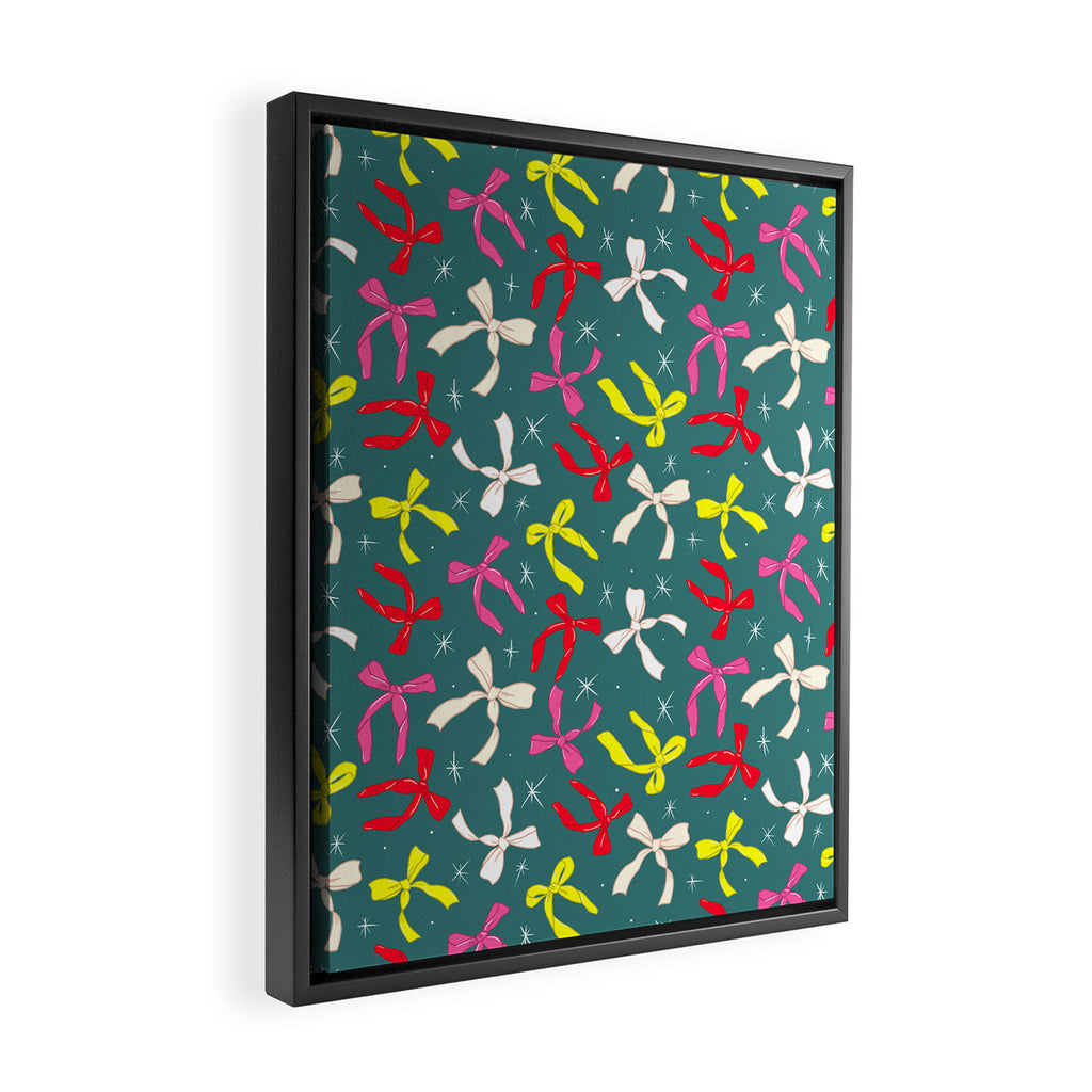 Festive Ribbons Pattern On Teal Framed Canvas Print Gallery Image 2