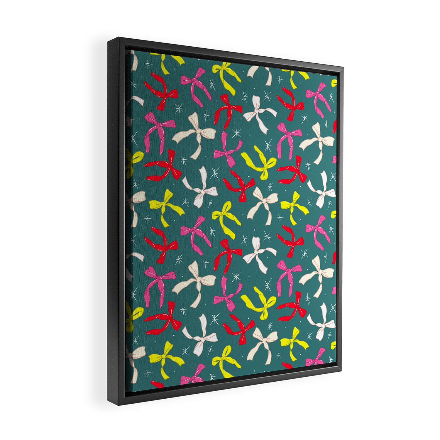 Festive Ribbons Pattern On Teal Framed Canvas Print Gallery Image 2