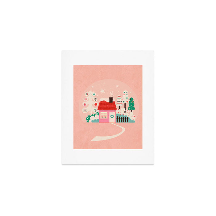 Festive Winter Hut in pink Art Print Gallery Image 1