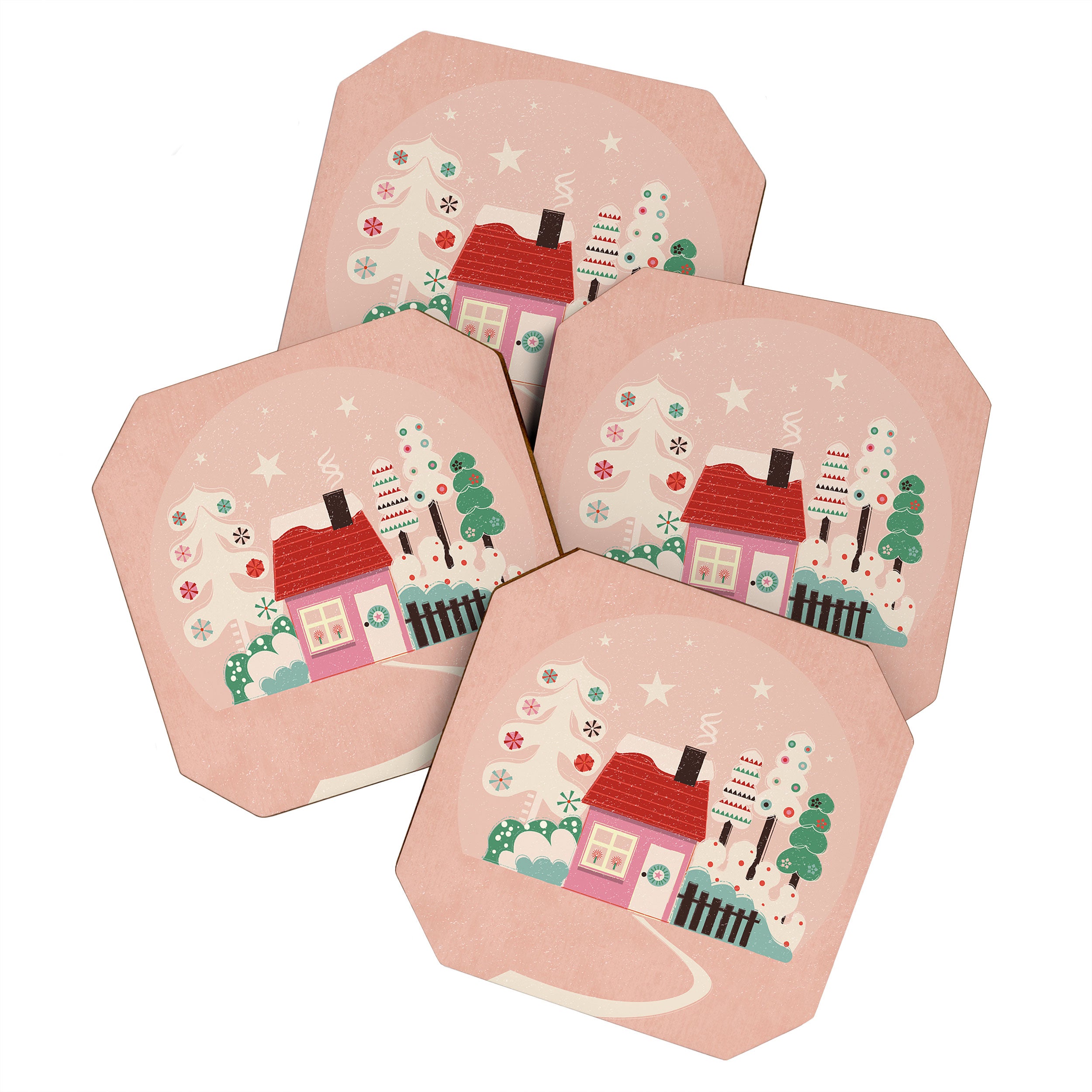 Festive Winter Hut in pink Coaster Gallery Image 1