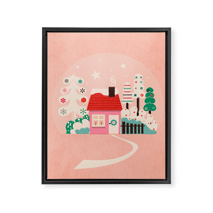 Festive Winter Hut in pink Framed Canvas Print Gallery Image 1
