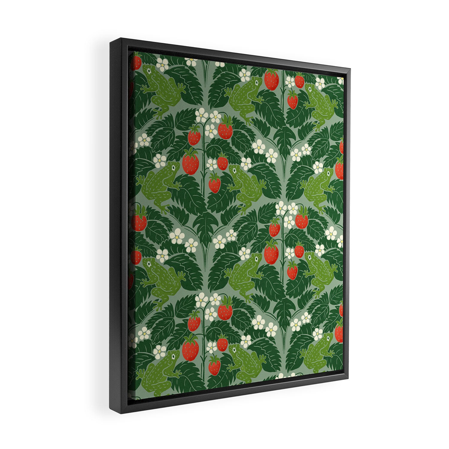Frogs And Wild Strawberries On Pale Green Framed Canvas Print Gallery Image 2
