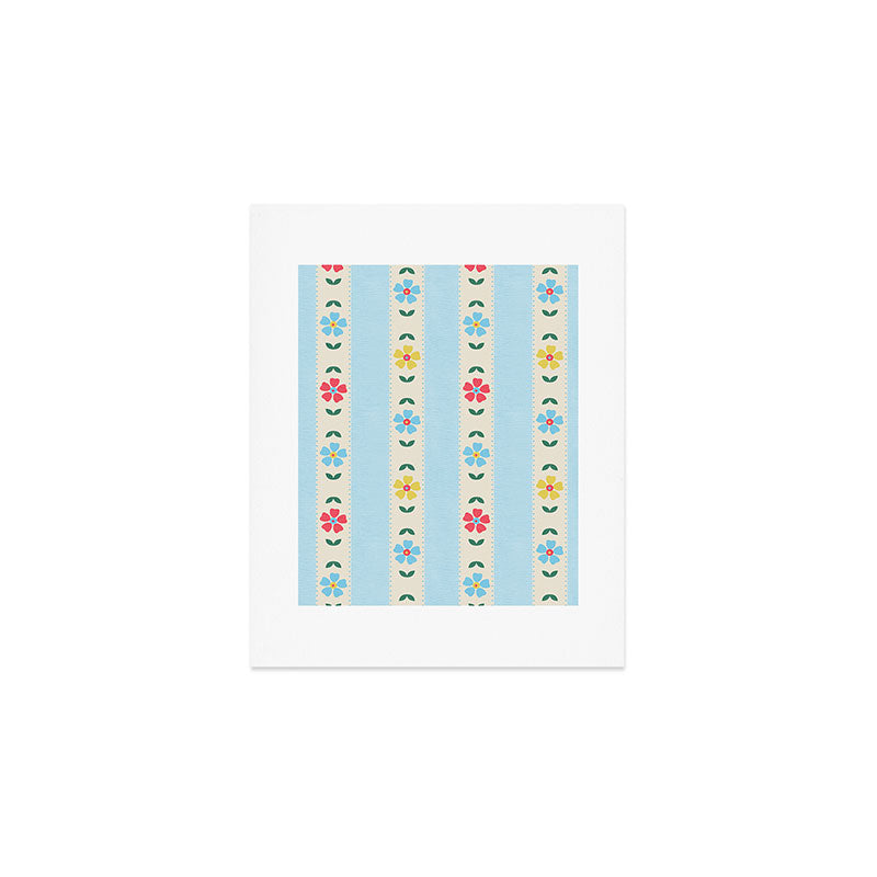 Granny Style Vintage Florals And Light Blue Stripes Art Print Gallery Image 1