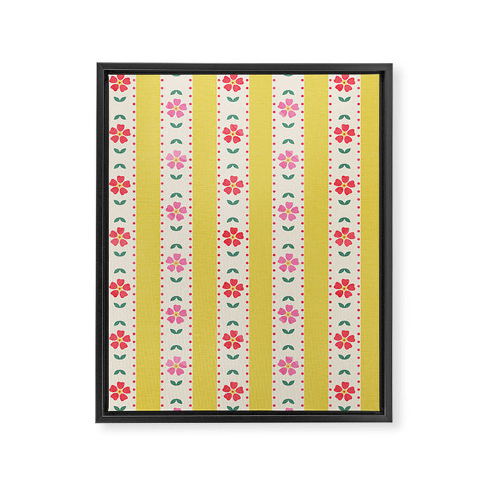 Granny Style Vintage Florals On Yellow Stripes Framed Canvas Print Gallery Image 1