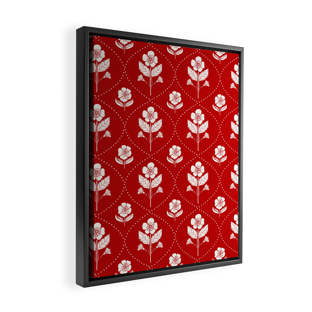 Hand-Drawn Nostalgic Floral Design in Bold Red Framed Canvas Print Gallery Image 2