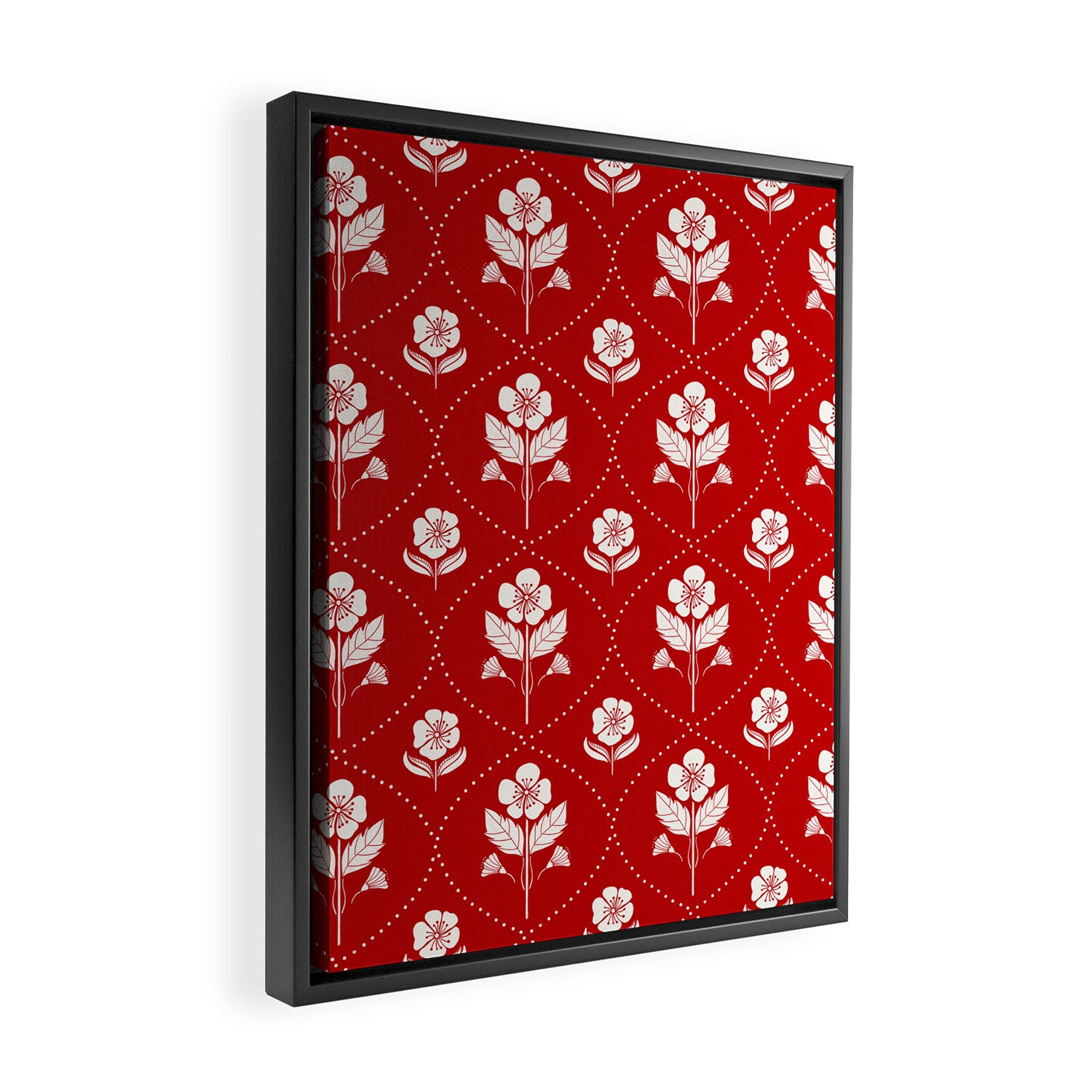 Hand-Drawn Nostalgic Floral Design in Bold Red Framed Canvas Print Gallery Image 2