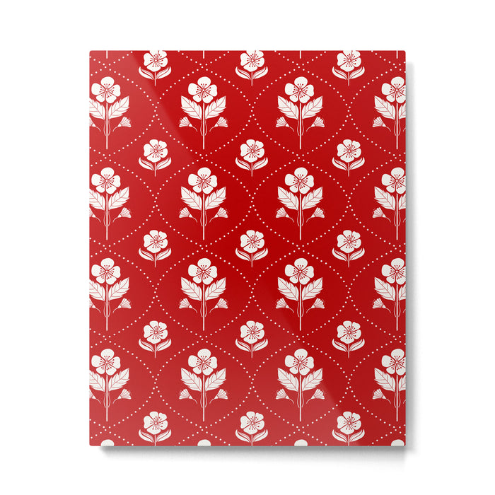Hand-Drawn Nostalgic Floral Design in Bold Red Metal Print Gallery Image 1