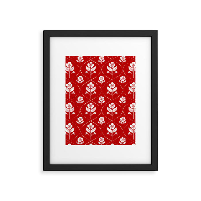 Hand-Drawn Nostalgic Floral Design in Bold Red Framed Art Print Gallery Image 1