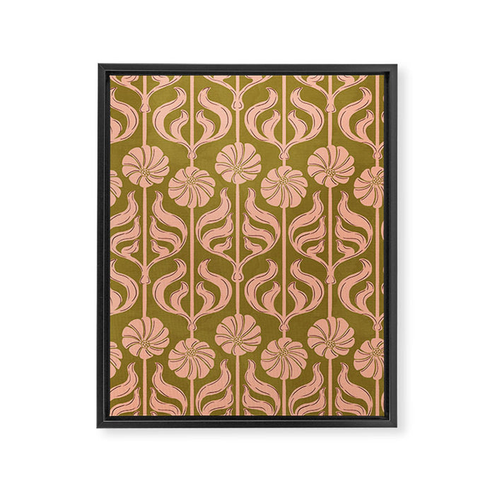 Hand-Drawn Pink And Olive Green Botanical Floral Pattern Framed Canvas Print Gallery Image 1