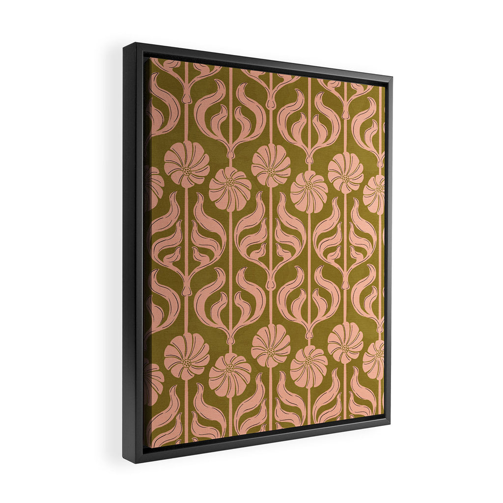 Hand-Drawn Pink And Olive Green Botanical Floral Pattern Framed Canvas Print Gallery Image 2