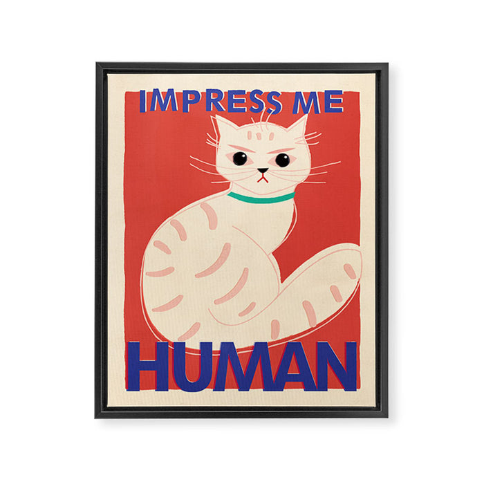 Impress Me Human Vintage Cat, Retro Illustration Framed Canvas Print Gallery Image 1