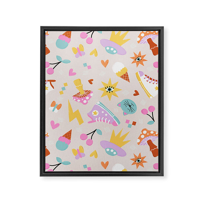 Pastel Nostalgic Doodles - Retro Teen Pattern Framed Canvas Print Gallery Image 1