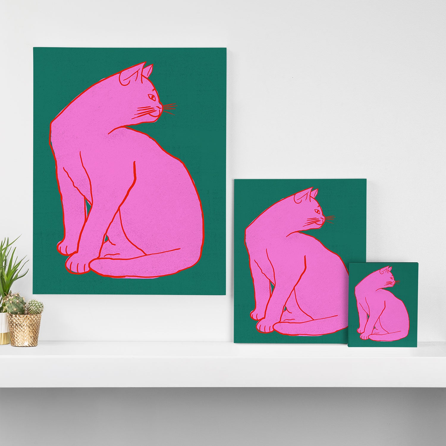 Pink Cat On Green Background Canvas Print Gallery Image 3
