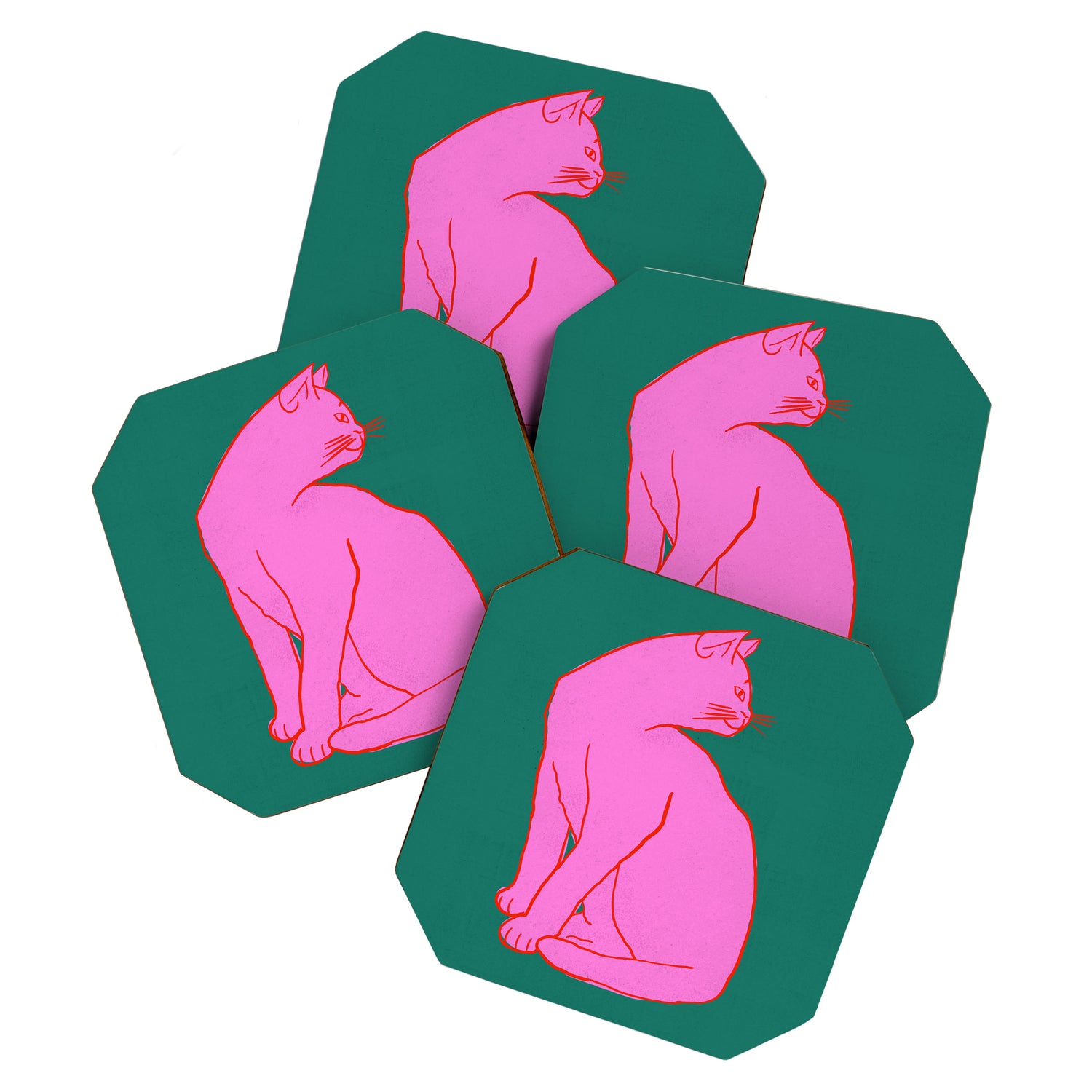 Pink Cat On Green Background Coaster Gallery Image 1
