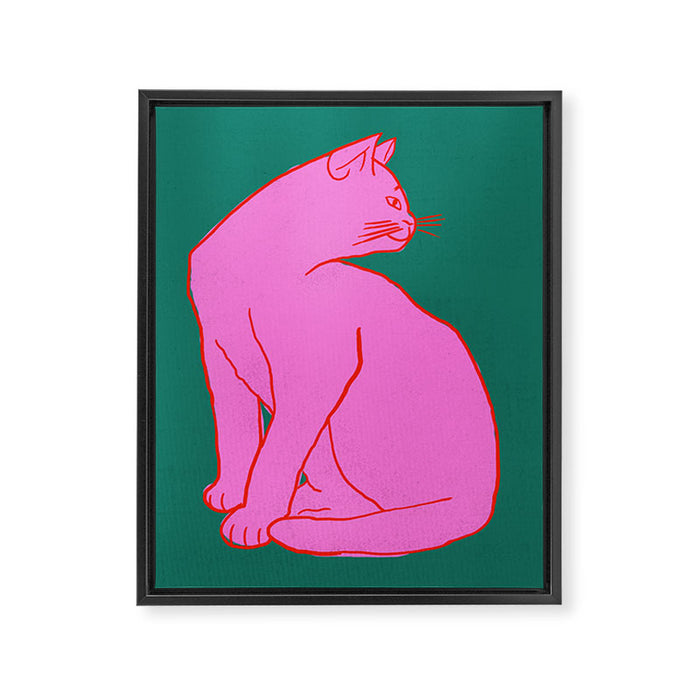 Pink Cat On Green Background Framed Canvas Print Gallery Image 1