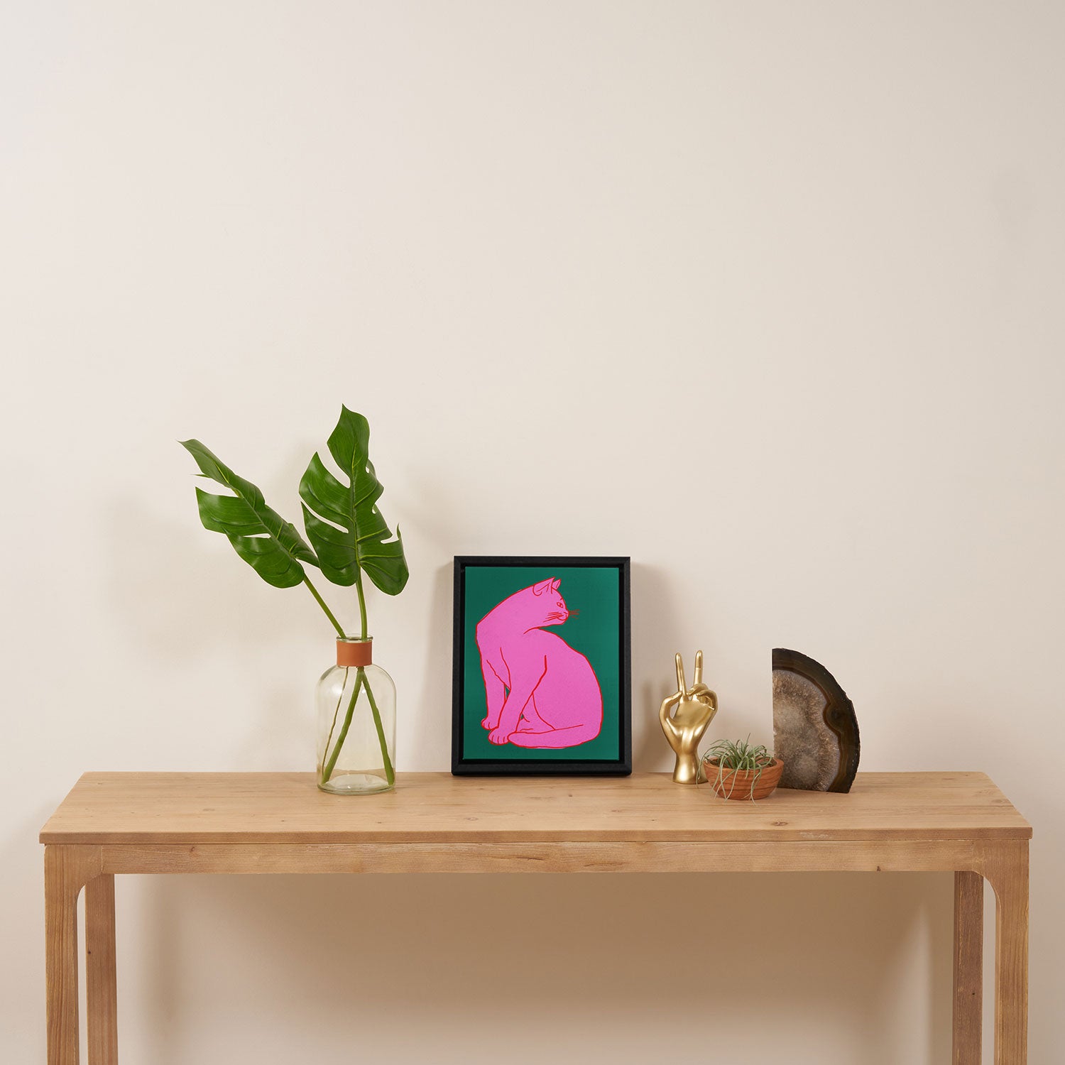 Pink Cat On Green Background Framed Canvas Print Gallery Image 4
