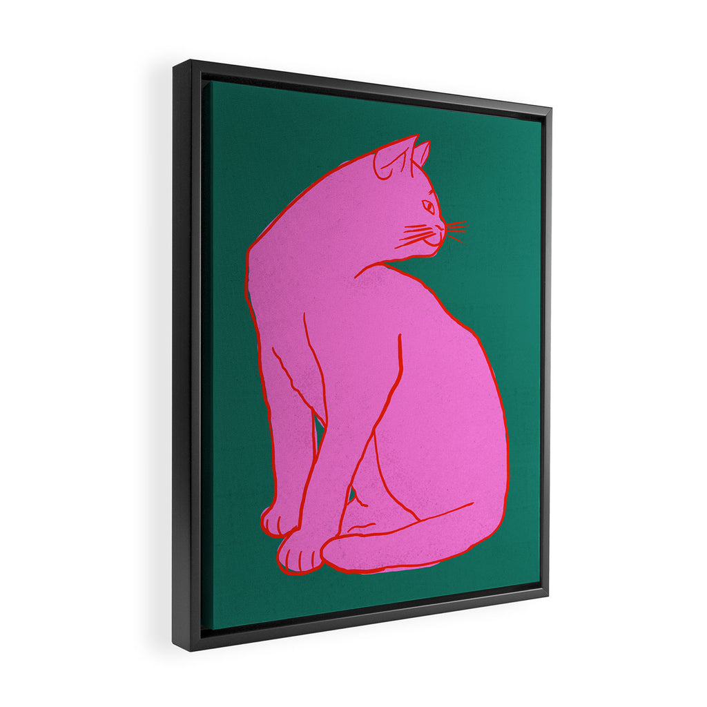 Pink Cat On Green Background Framed Canvas Print Gallery Image 2