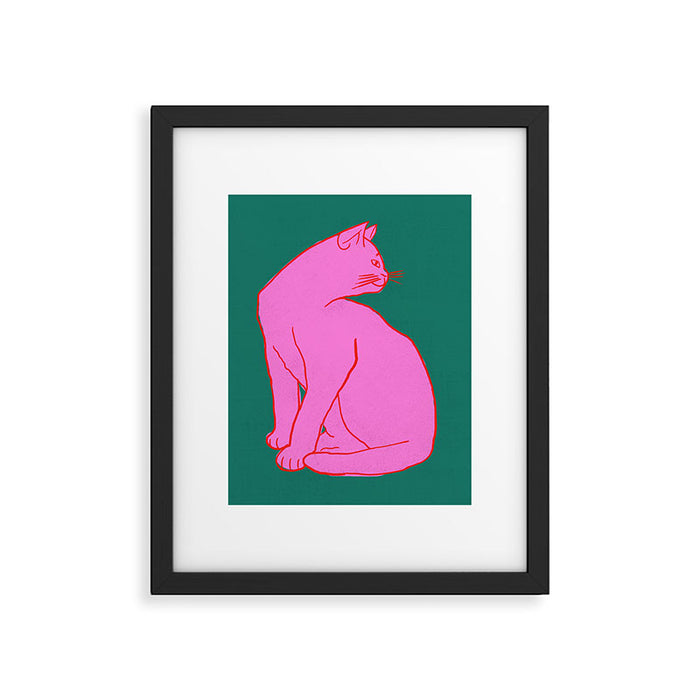 Pink Cat On Green Background Framed Art Print Gallery Image 1