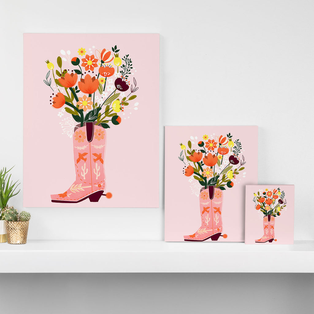 Pink Cowboy Boot and Wild Flower Bouquet Canvas Print Gallery Image 3