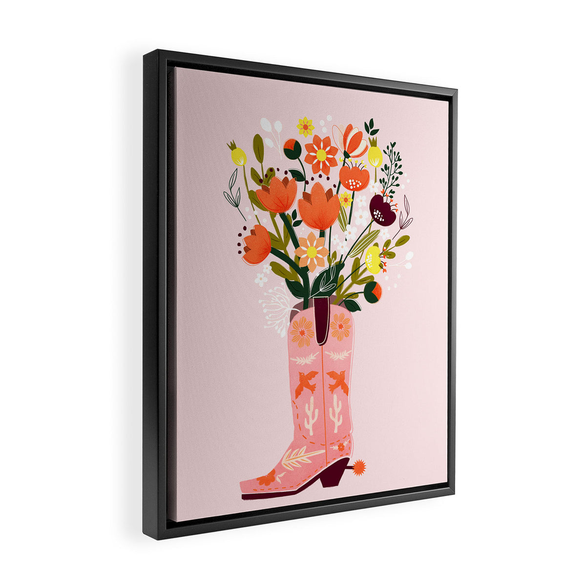 Pink Cowboy Boot and Wild Flower Bouquet Framed Canvas Print Gallery Image 2