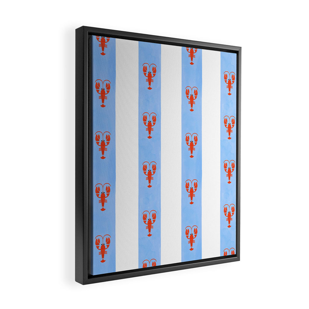 Red Lobsters On Hand-Painted Bright Blue Stripes Framed Canvas Print Gallery Image 2