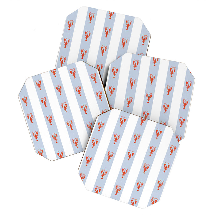 Red Lobsters On Hand-Painted Blue Stripes Coaster Gallery Image 1