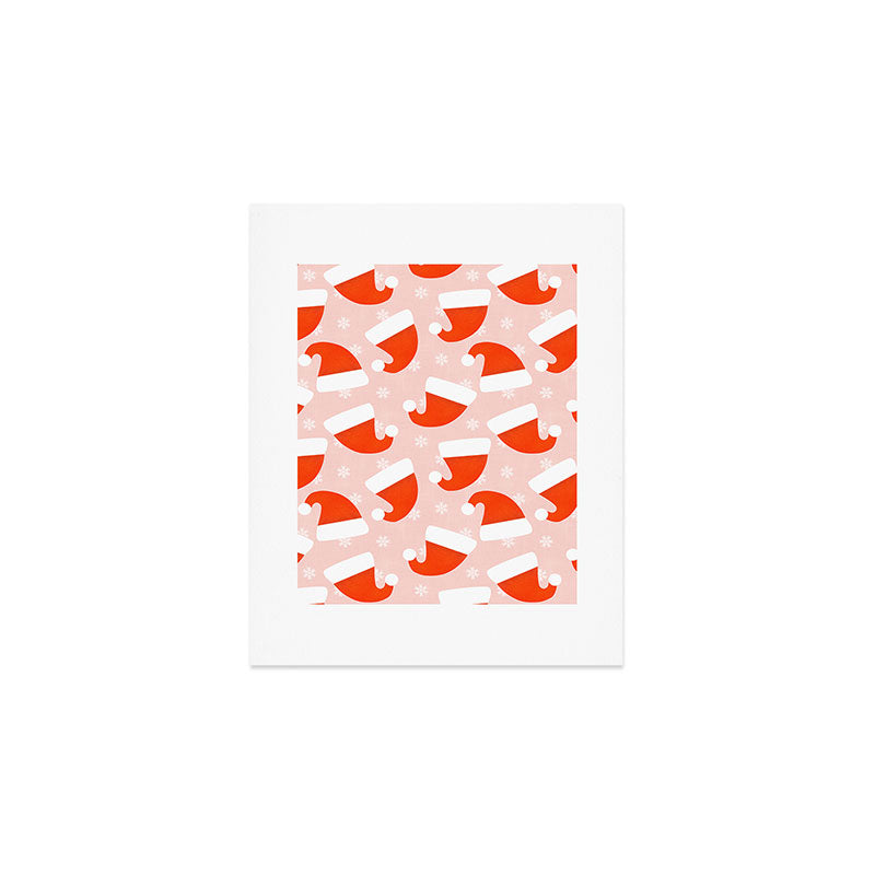 Red Santa Hats & Snowflakes on Linen Pink - Modern Festive Pattern Art Print Gallery Image 1